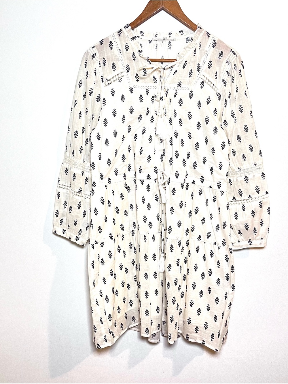 Melissa Nepton Tiered Cotton Dress Size Small Ivory Block Print Lace